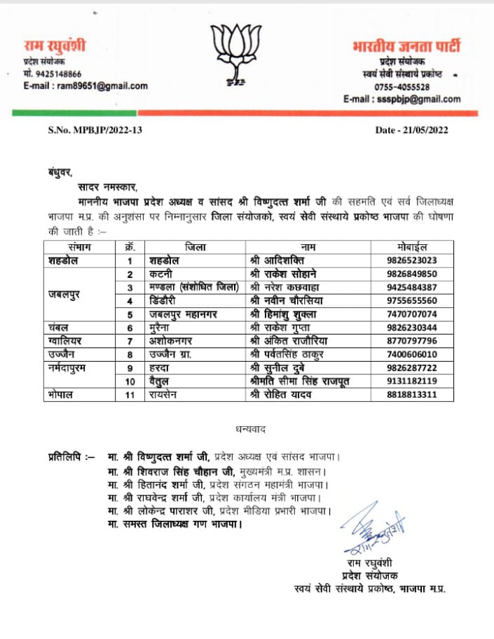 हिमांशु शुक्ला होंगे भाजपा स्वयंसेवी संस्था प्रकोष्ठ के जबलपुर जिला संयोजक